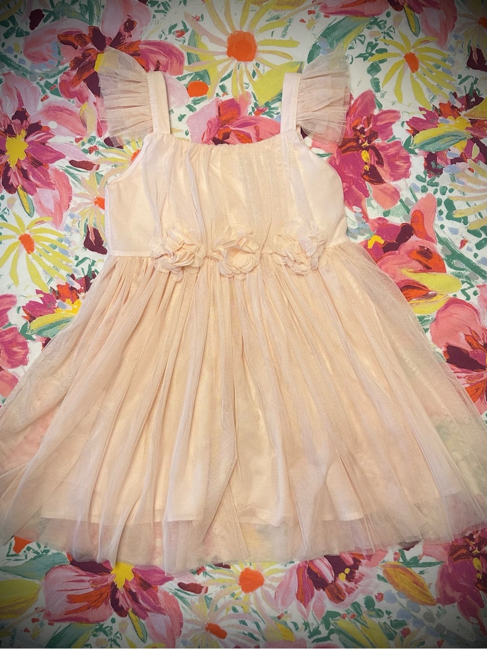 Popatu Peach Tulle Dress with Floral Waist